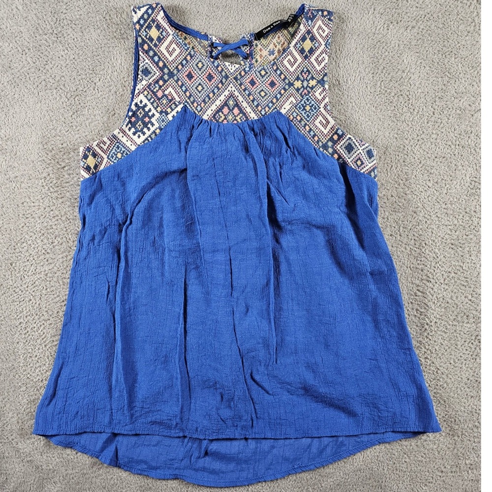 Doe & Rae Blue Geometric Embroidered Lace Up Back Sleeveless Blouse Medium Lined
